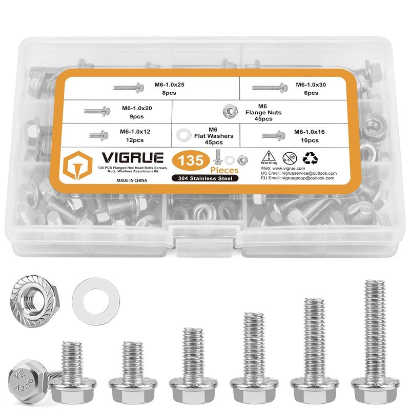 VIGRUE M6-1.0 x 12/16/20/25/30mm Flanged Hex Head Bolts, VIGURE 135PCS M6 Flange Hexagon Screws Serrated Flange Nuts Washers, Stainless Steel 18-8 (304), DIN 6921 - Image 1